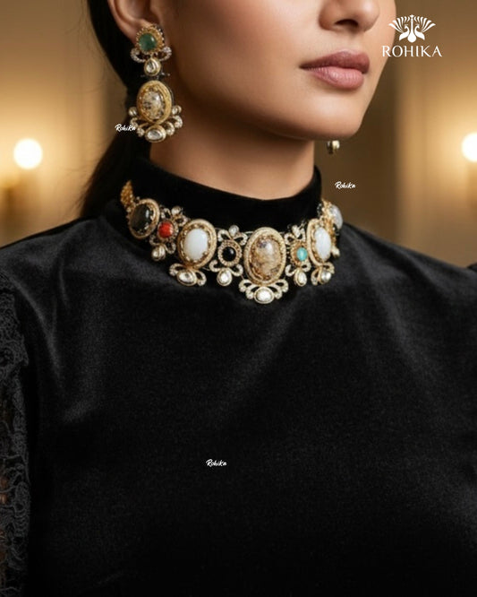 Saabya inspired fusion necklace set (SS022) - Multi colour