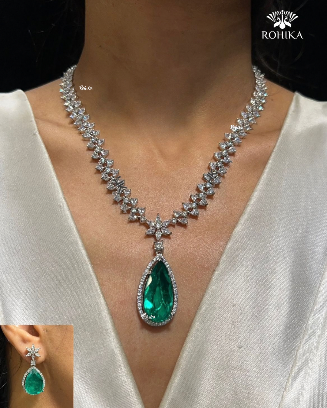 American diamond necklace set (ADN -016) - Green