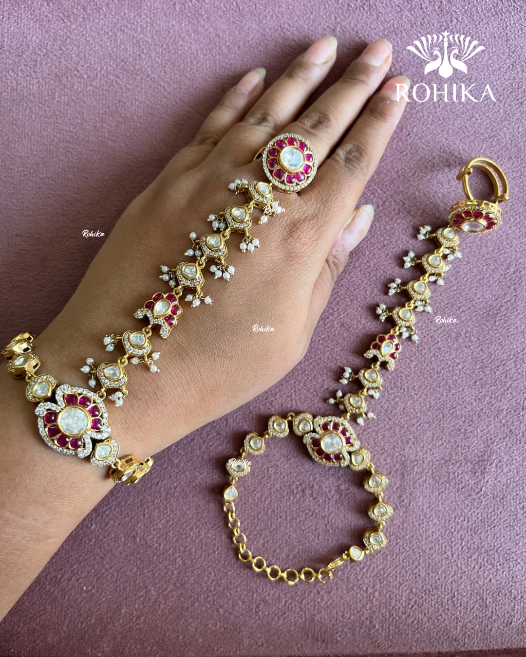 Polki Kundan Haathphool (HP012) -Ruby Red