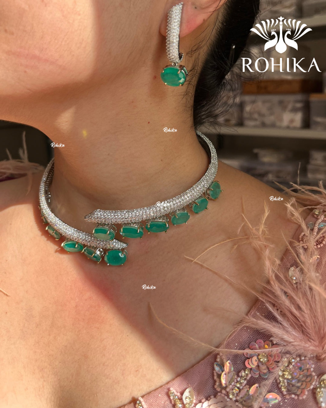 Evelyn American Diamond Hasli Necklace Set - Mint Green