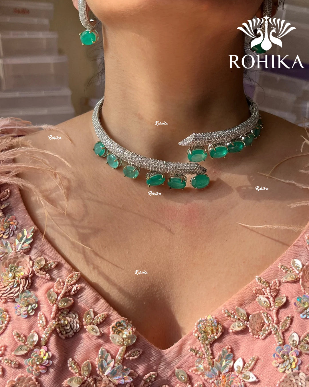 Evelyn American Diamond Hasli Necklace Set - Mint Green