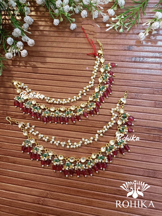 Pachhi kundan chain earchains - Red