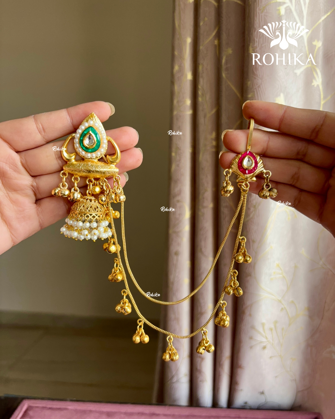 Piya fusion jhumka earrings with earchains(EE-004)- Green  Rohika jewellery - Rohikajewellery.com