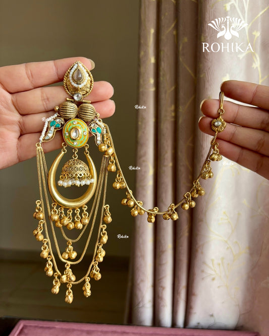 Piya polki kundan earrings with earchains(EE-002)- Mint Green