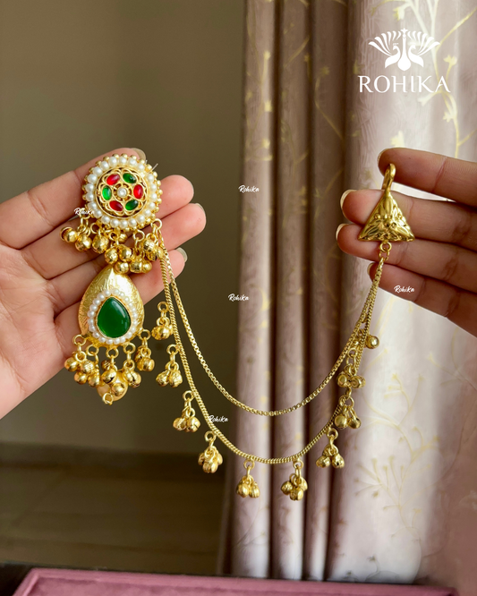 Piya polki kundan earrings with earchains(EE-003)- Green