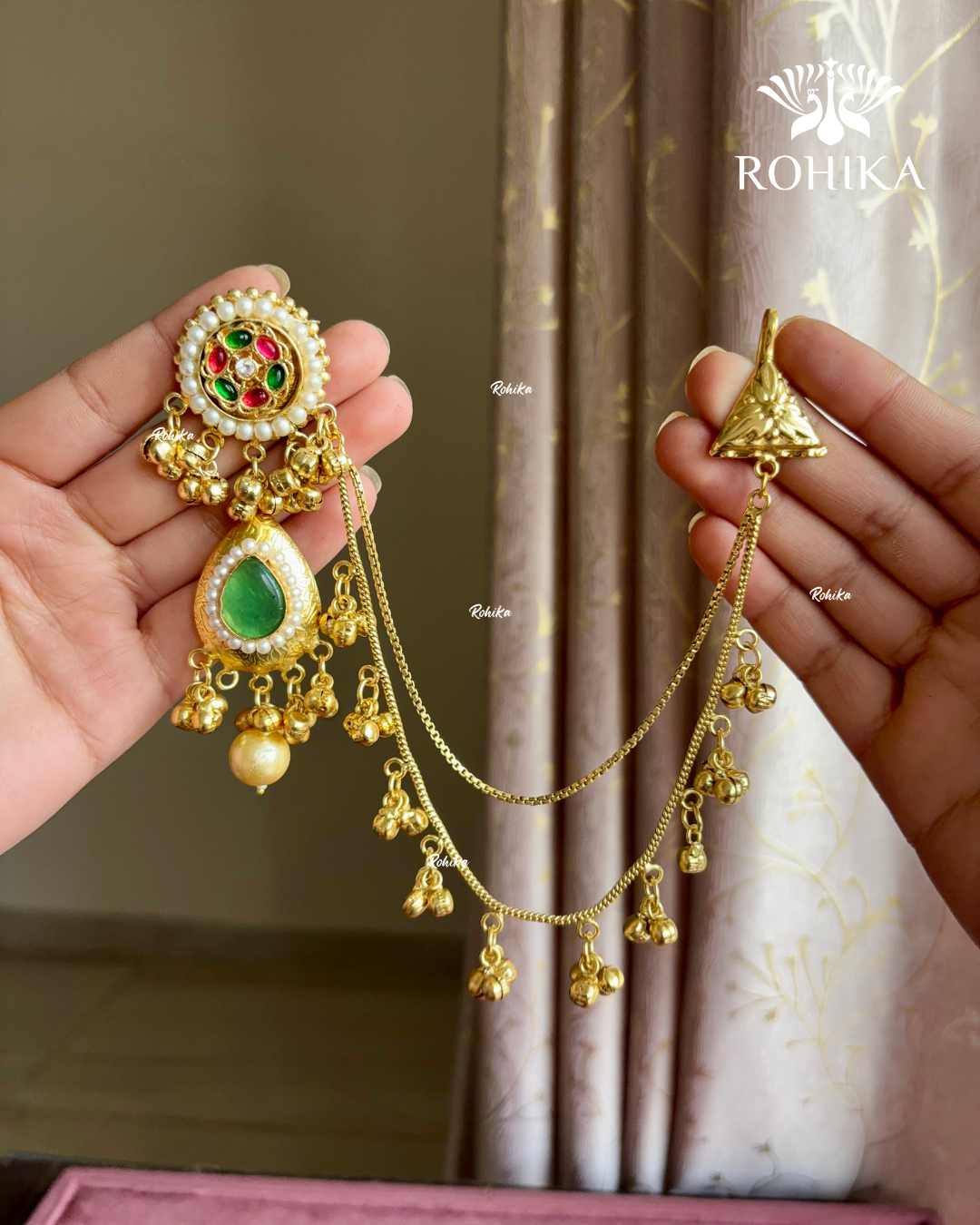 Piya polki kundan earrings with earchains(EE-003)- Mint Green