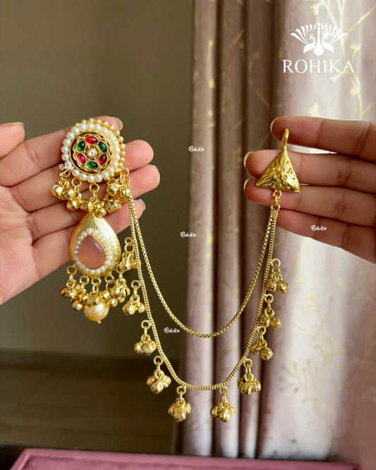 Piya polki kundan earrings with earchains(EE-003)- Pink