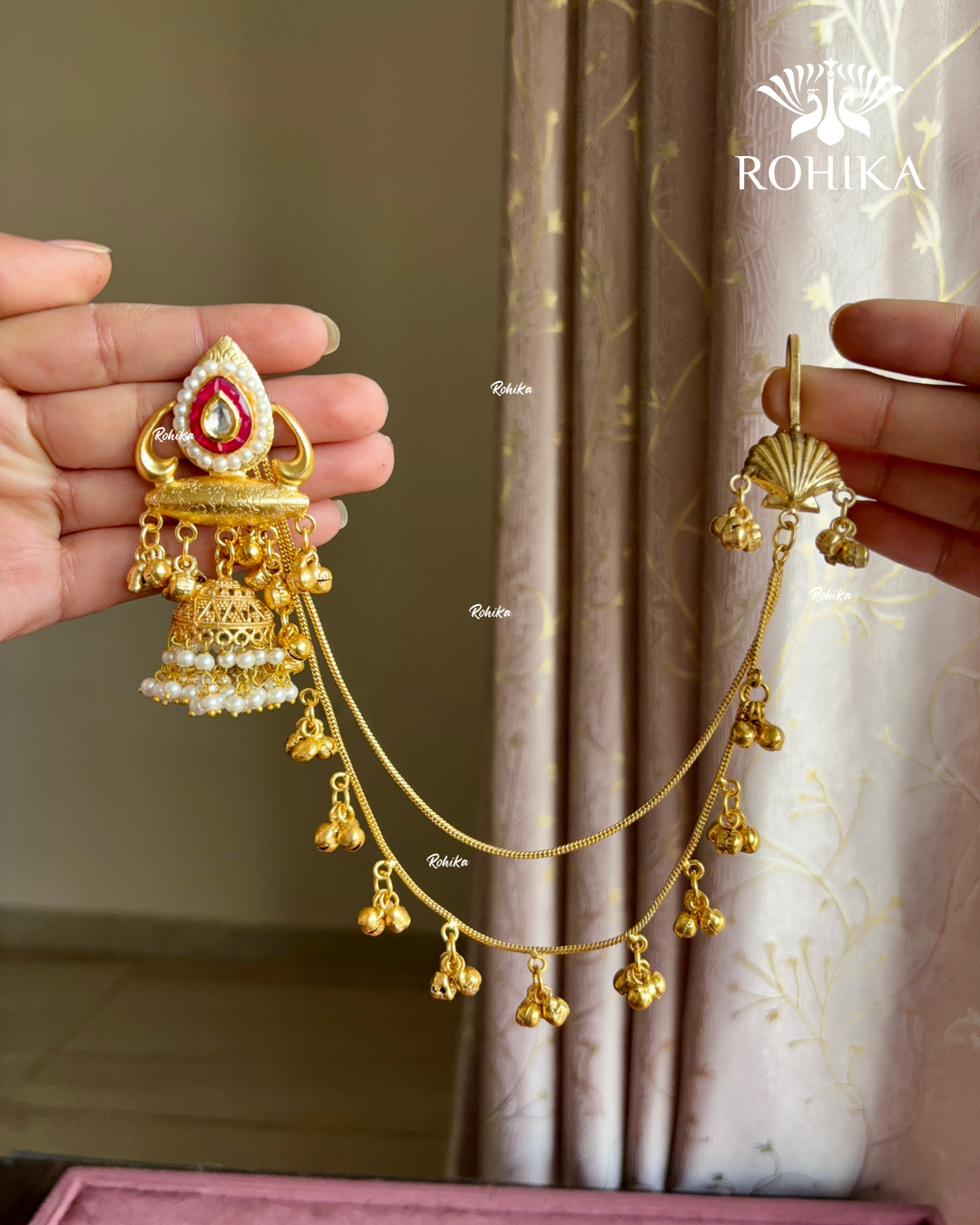 Piya polki kundan earrings with earchains(EE-004)- Red - Rohika jewellery - Rohikastore.com