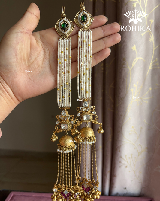 Piya polki kundan earrings with earchains(EE-006)- Red - Rohika jewellery / Rohikastore.com