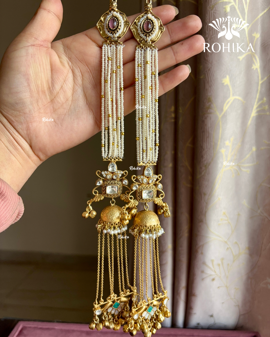 Piya polki kundan earrings with earchains(EE-006)- White - Rohika jewellery / Rohikastore.com