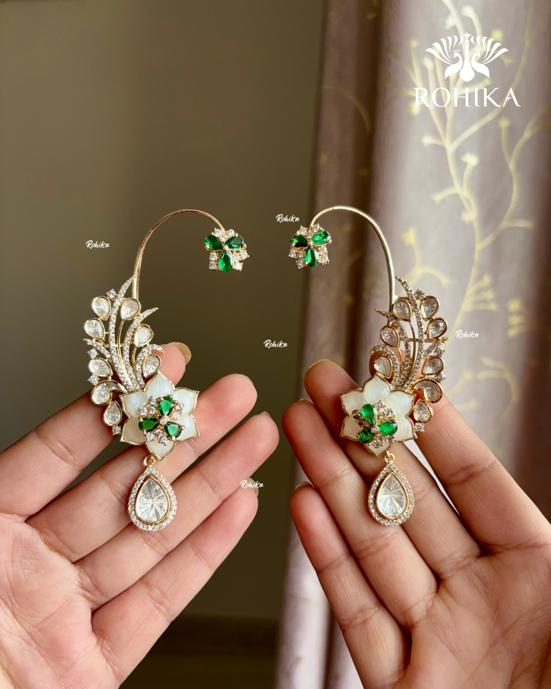 Riva moisanite earcuffs earrings - Green - Rohikastore.com - Rohika jewellery