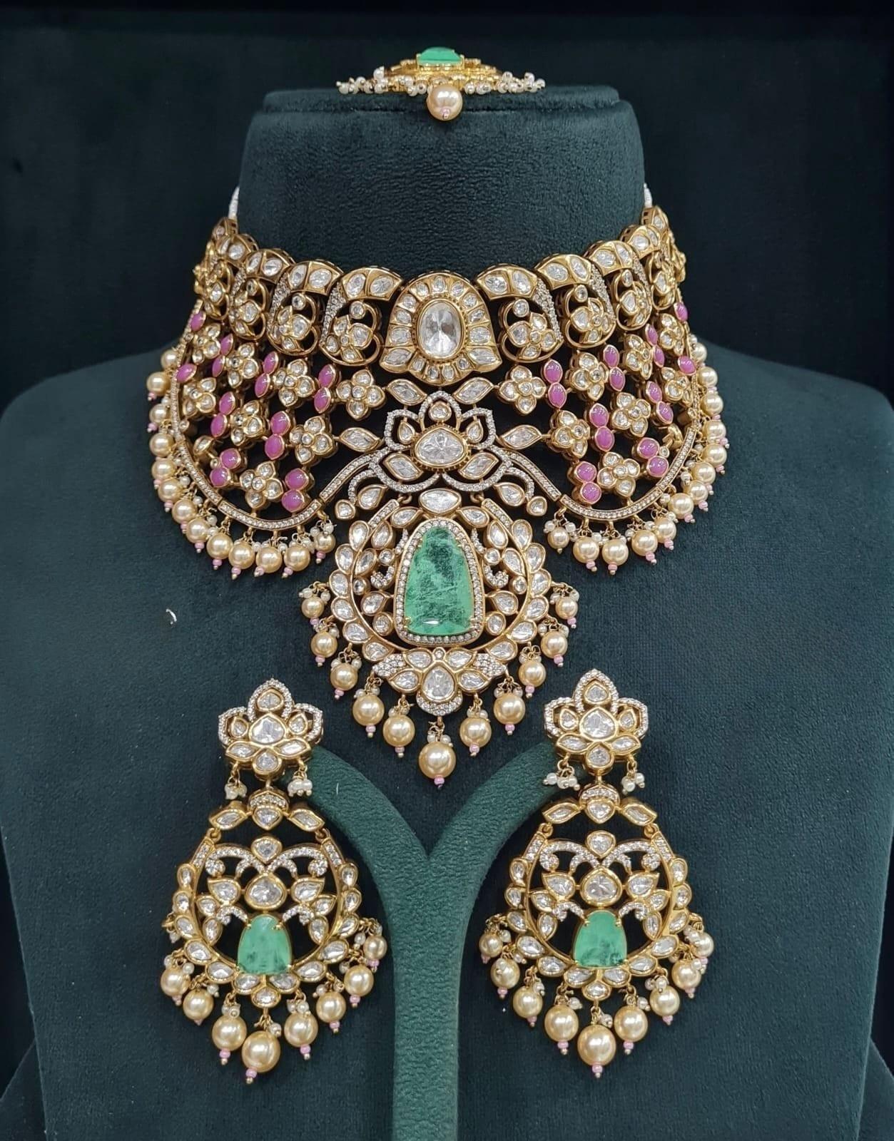 Vamika moisanite Bridal choker set - Mint & Pink