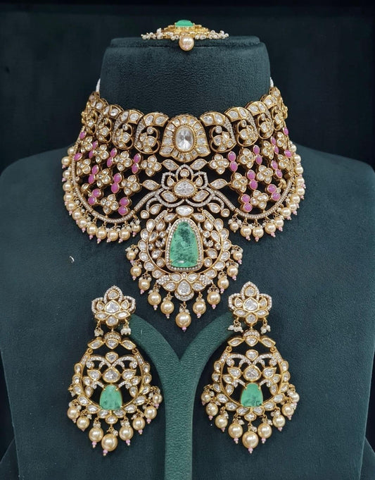 Vamika moisanite Bridal choker set - Mint & Pink