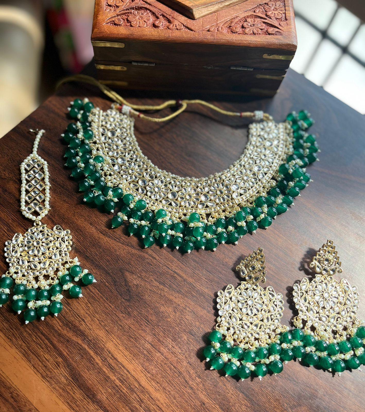 Dabi-kundan semi-bridal necklace sets - Dark Green