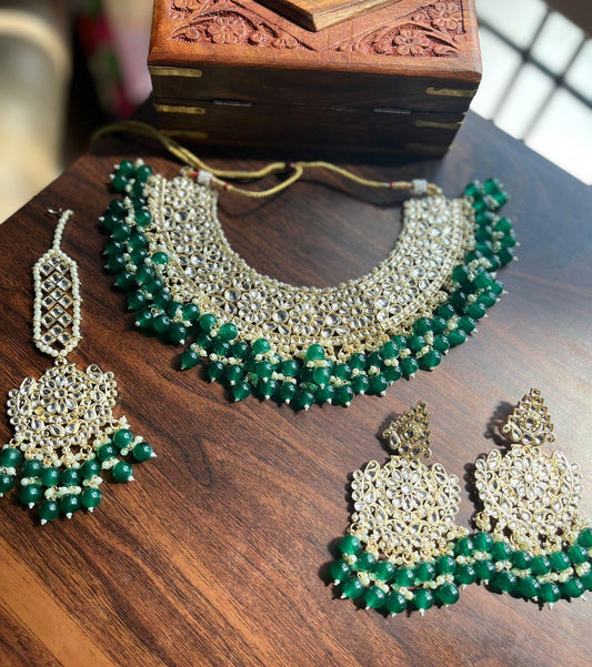 Dabi-kundan semi-bridal necklace sets - Dark Green