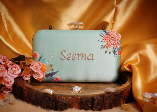 Flower Embroidery- Customised name Clutch