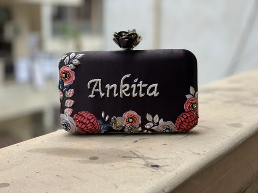 Highlighted Embroidery- Customised name Clutch (with rose knob) - Black