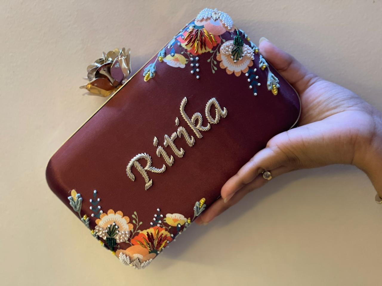 Highlighted Embroidery- Customised name Clutch (with rose knob) - Red