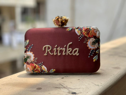 Highlighted Embroidery- Customised name Clutch (with rose knob) - Red