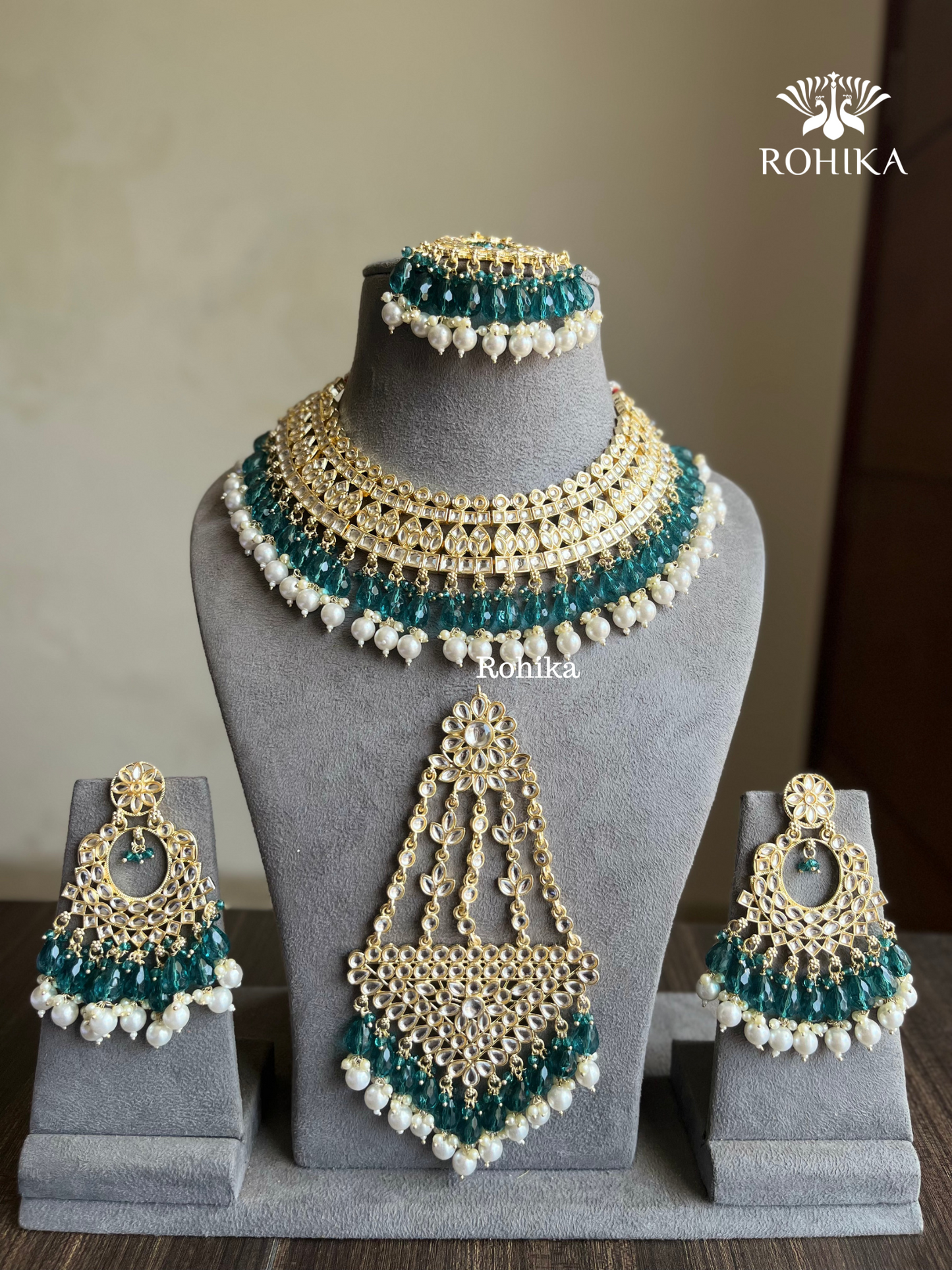 Shabana dabi Kundan semi-bridal necklace set - Rama green