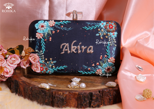 Blue Embroidery - Customised name Clutch