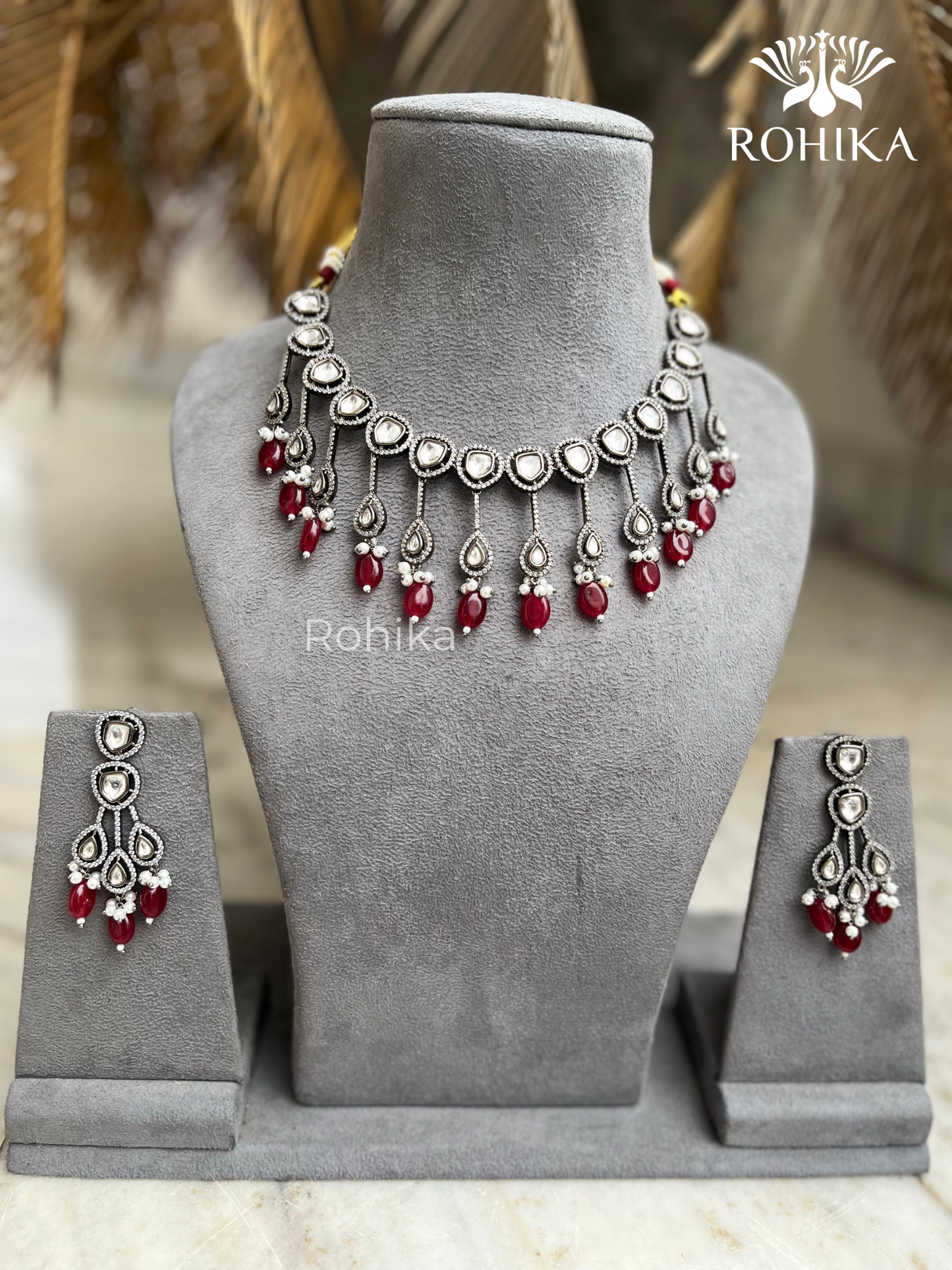 Shaina polki kundan necklace set - Maroon