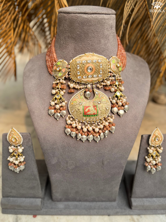 Baraat meenakari choker with earrings-Orange