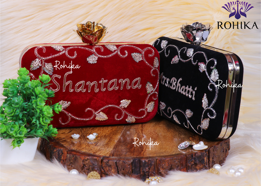 Velvet Customised Name embroidered clutch