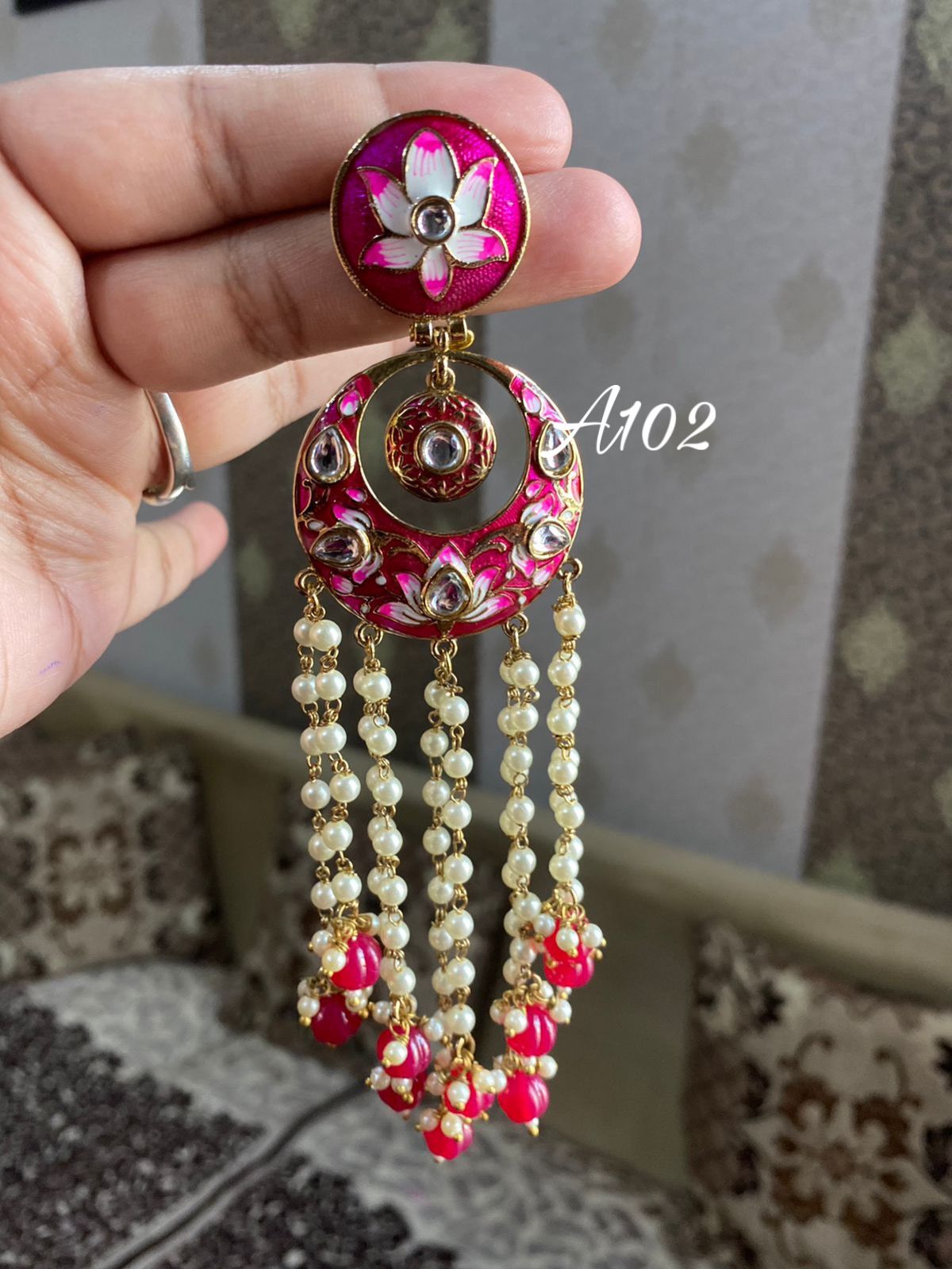 Rimjhim Meenakari pearl earrings-Red