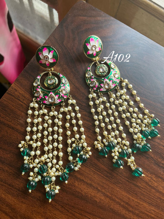 Rimjhim Meenakari pearl earrings-Dark Green