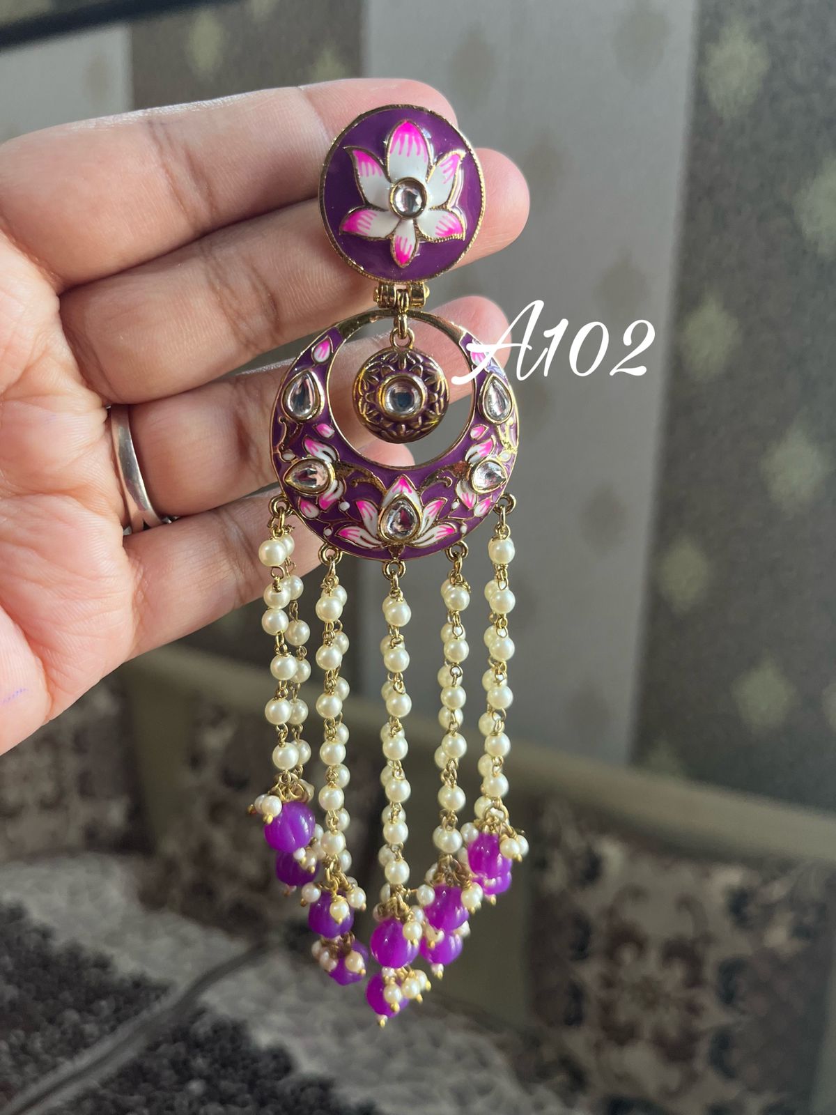 Rimjhim Meenakari pearl earrings-Purple