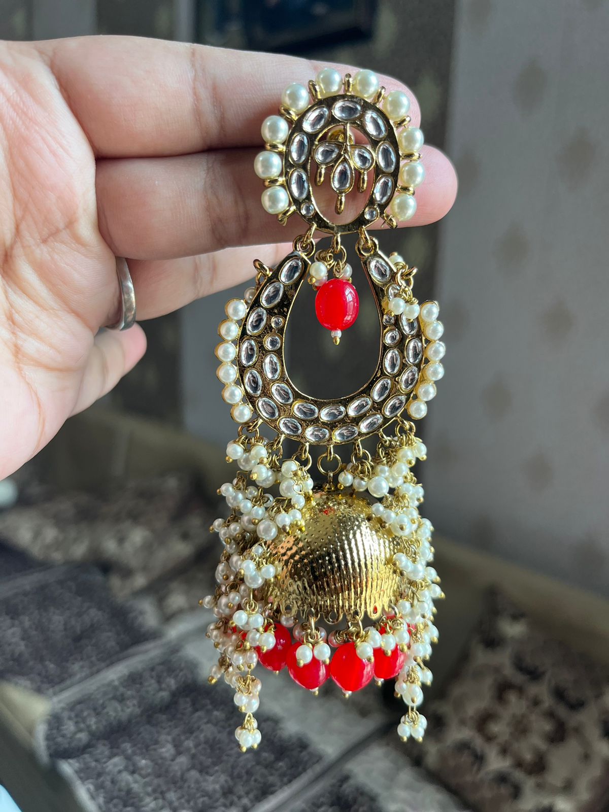 Woma Red Austrian Stone Gold Plated Jhumka Earrings - 1318352H