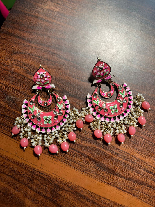 Bahaar meenakari Chandbali earrings-Pink