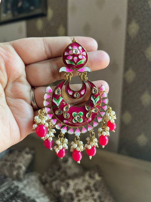 Bahaar meenakari Chandbali earrings-Red