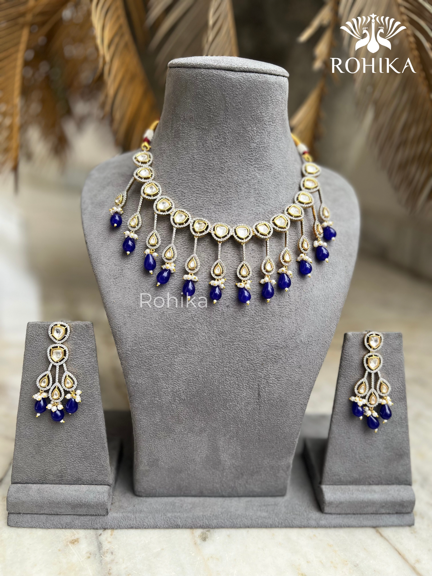 Shaina polki kundan necklace set - Navy Blue