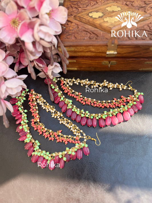 Nandini pearl earchains - Dark pink and green