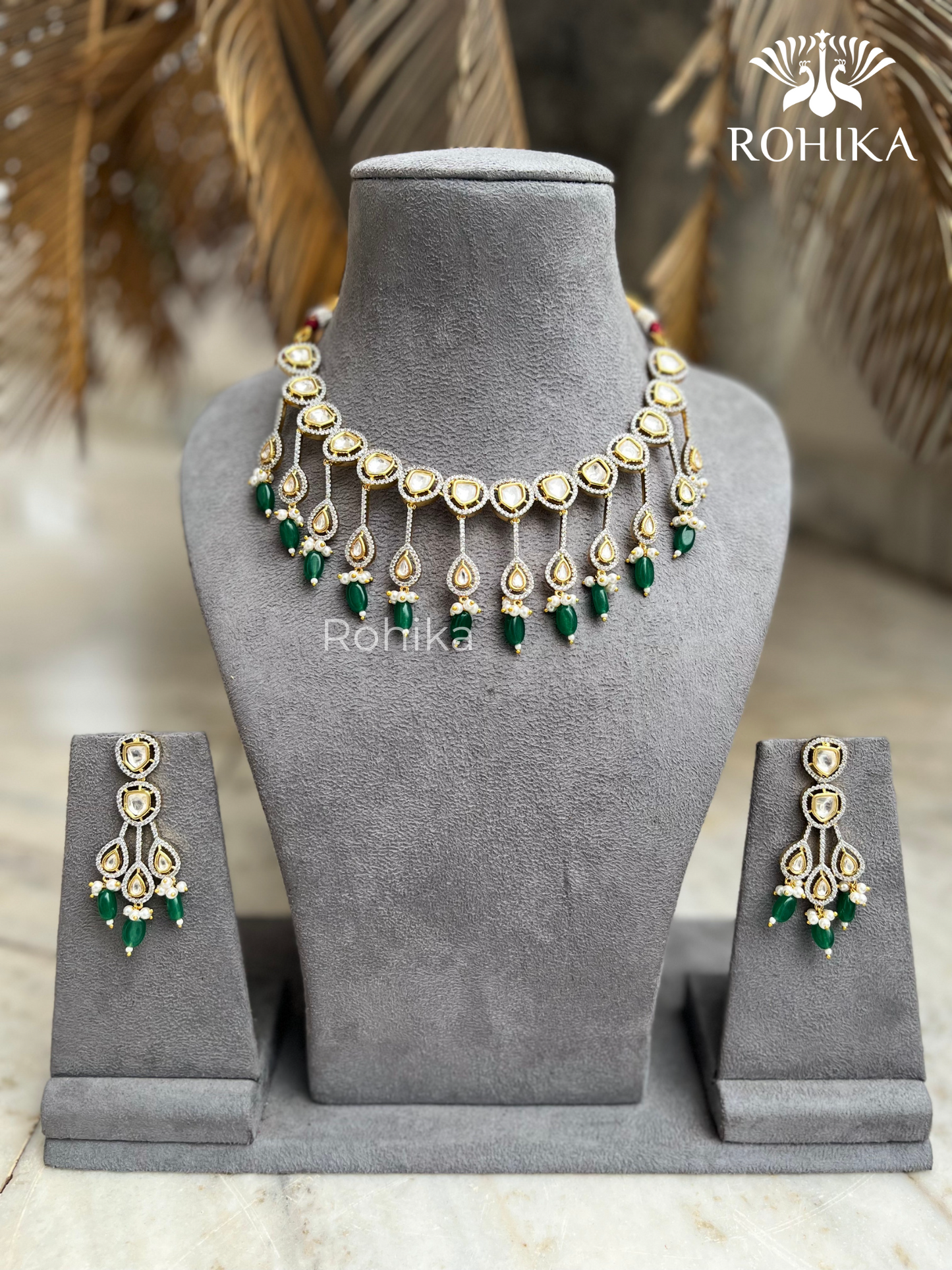 Shaina polki kundan necklace set - Green