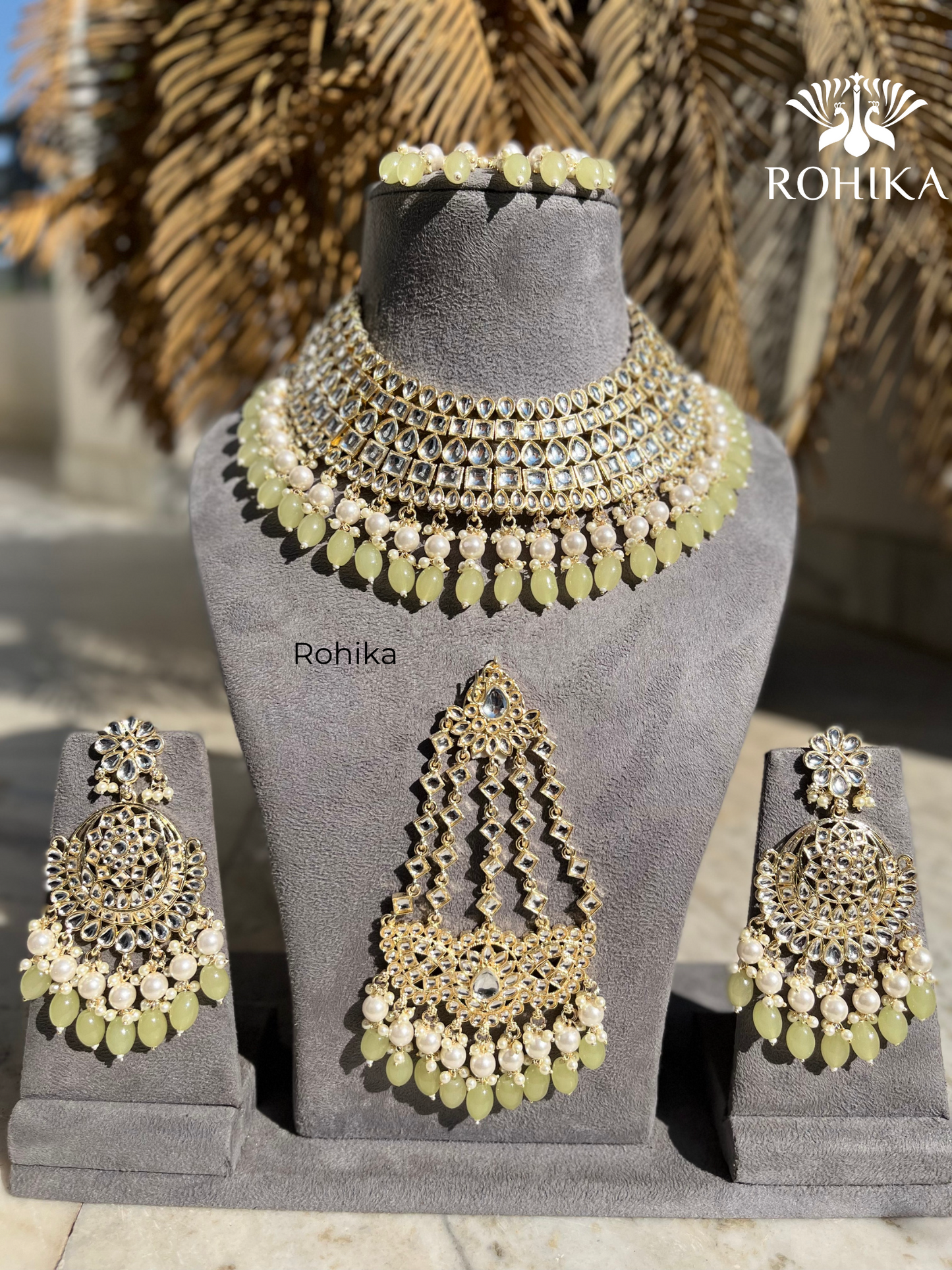 Shehzadi Dabi Kundan semi-bridal necklace set- Lemon green