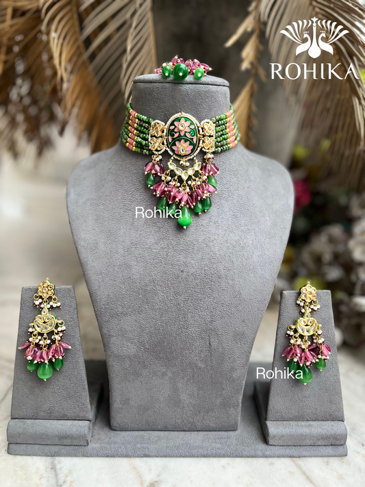 Paras meenakari kundan choker set - Dark green and pink