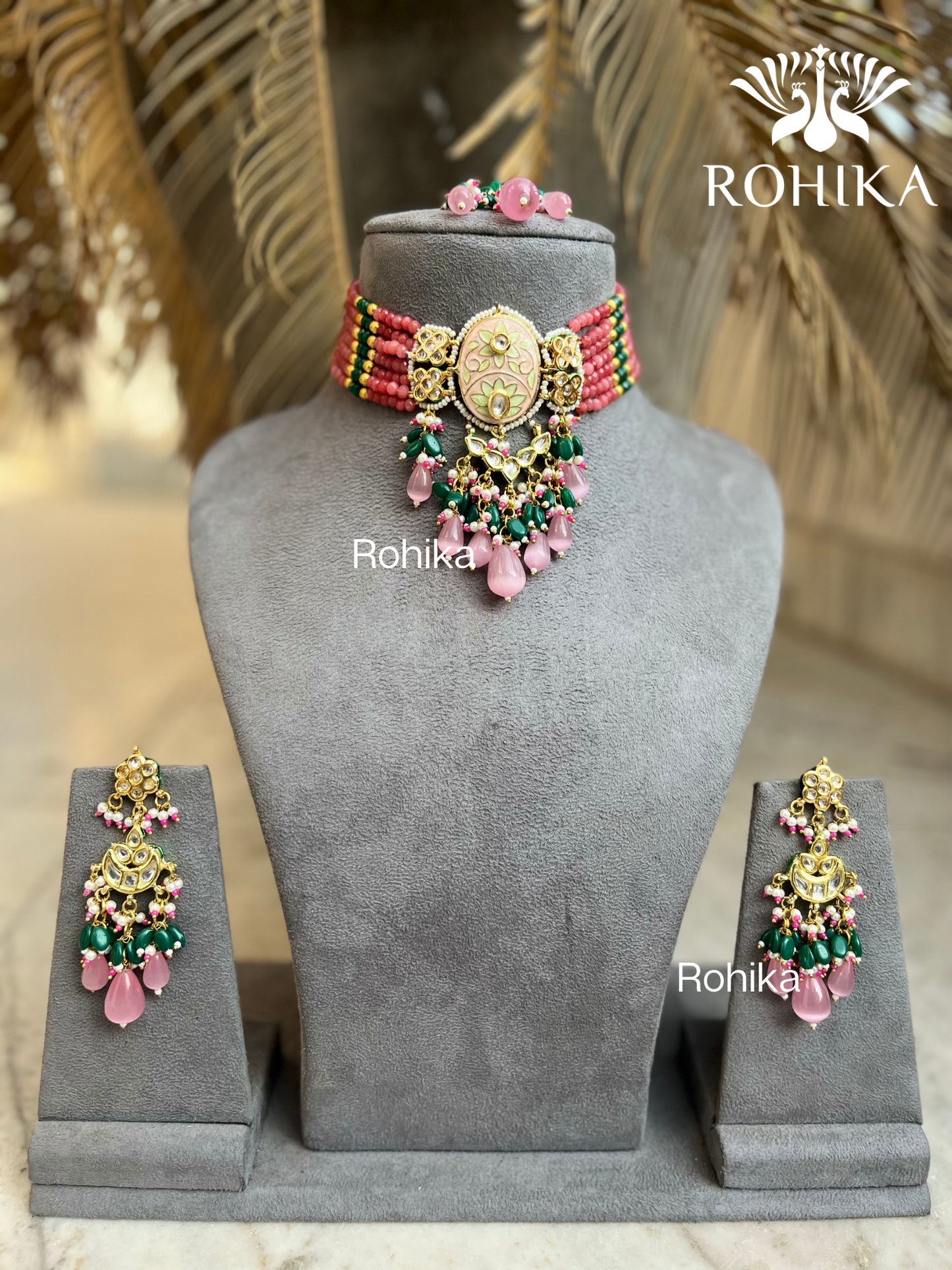 Paras meenakari kundan choker set - Pink