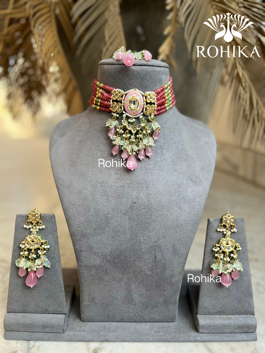 Paras meenakari kundan choker set - Pink