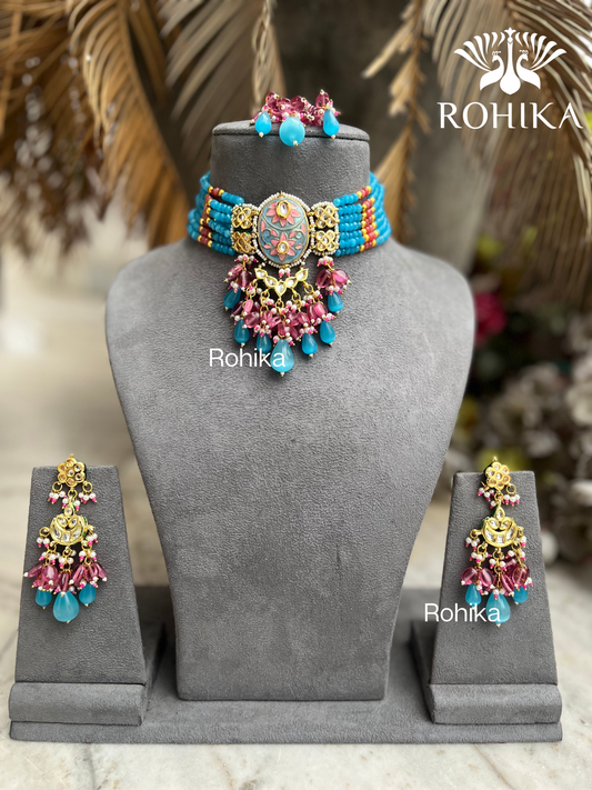 Paras meenakari kundan choker set - Blue and pink