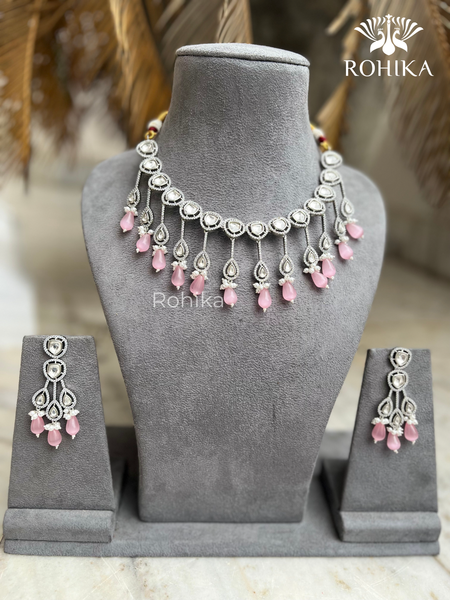 Shaina polki kundan necklace set - Light Pink