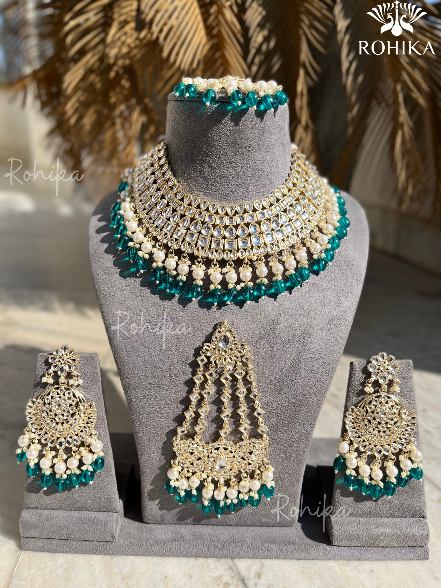 Shehzadi Dabi Kundan semi-bridal necklace set - Rama Green