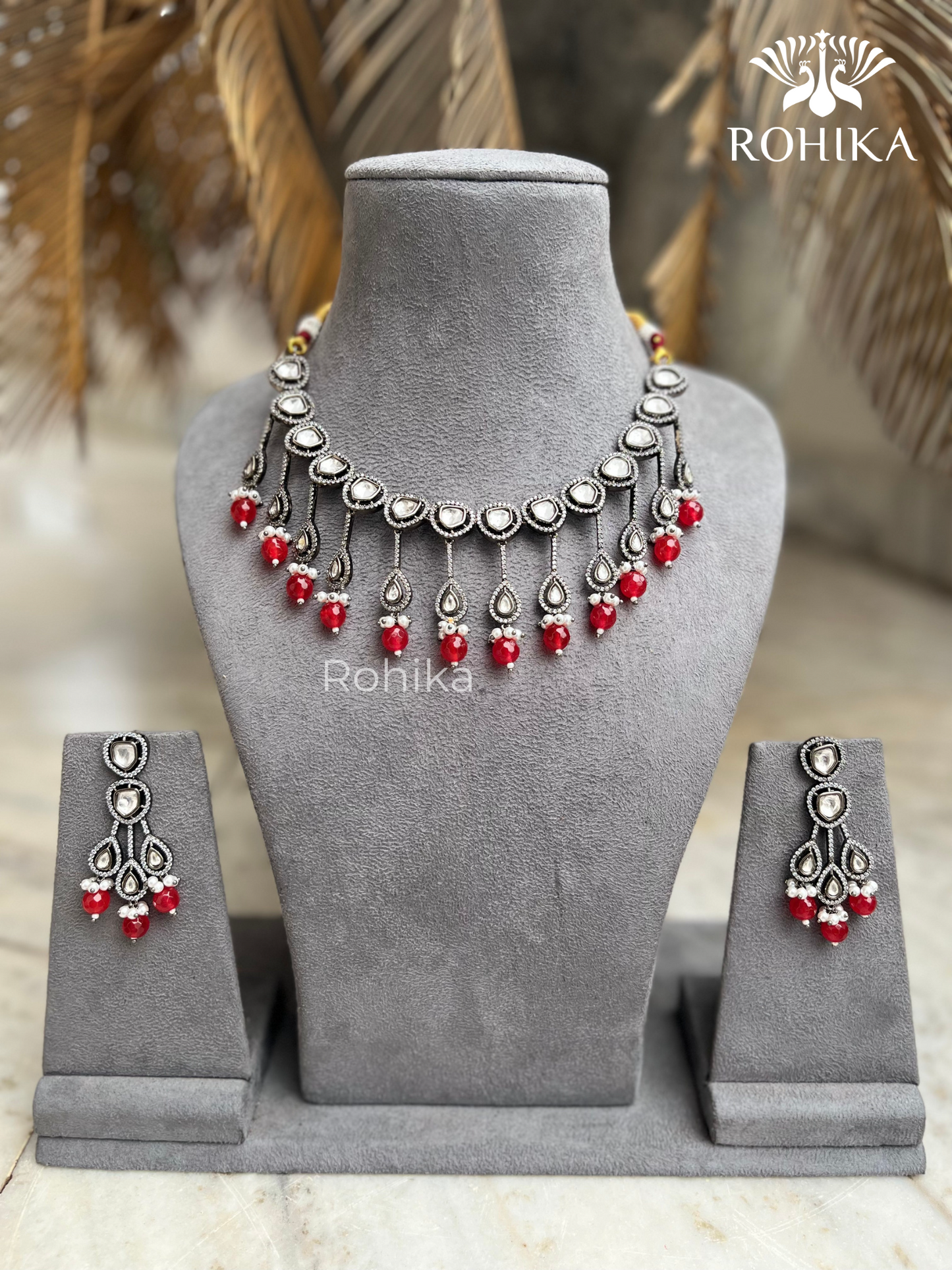 Shaina polki kundan necklace set - Red