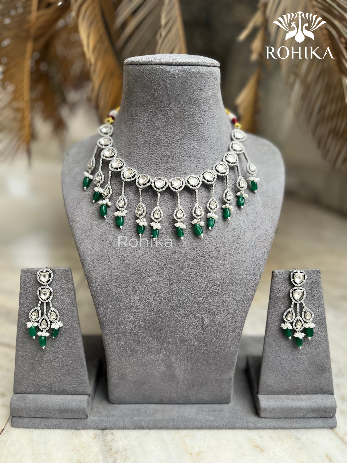 Shaina polki kundan necklace set - Green