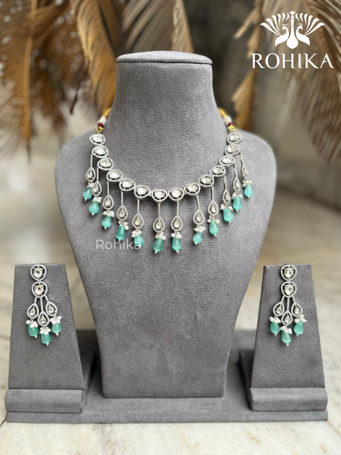 Shaina polki kundan necklace set - Sky Blue