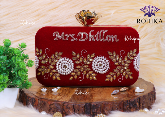 Velvet Customised Name embroidered clutch